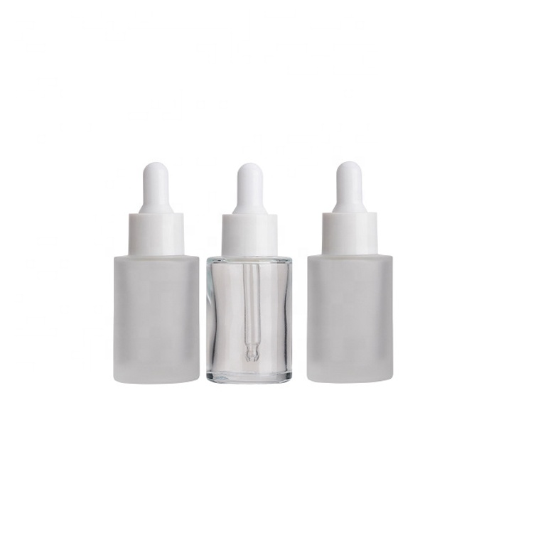 Matt cosmetic 20ml 30ml 40ml amber flat shoulder frosted clear glass dropper bottle for essential oil