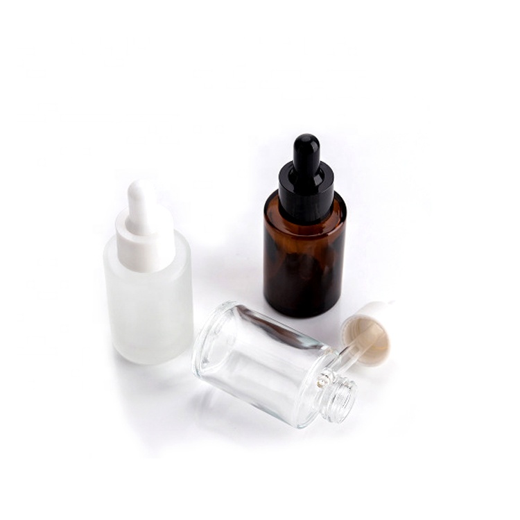 Matt cosmetic 20ml 30ml 40ml amber flat shoulder frosted clear glass dropper bottle for essential oil