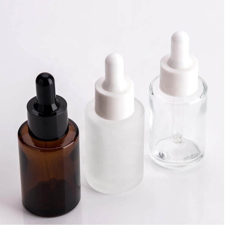 Matt cosmetic 20ml 30ml 40ml amber flat shoulder frosted clear glass dropper bottle for essential oil