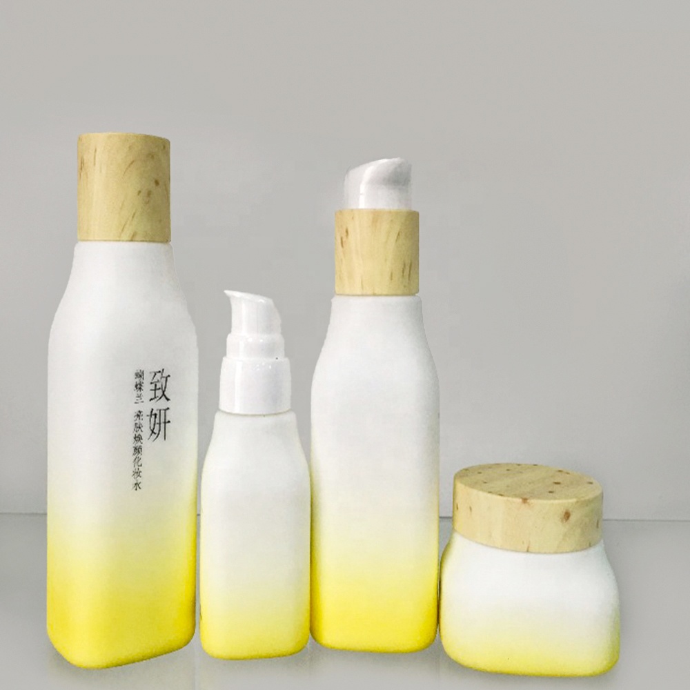 Matt finish white bamboo caps glass bottle with spray color for skin care cosmetic packing white opal glass jar