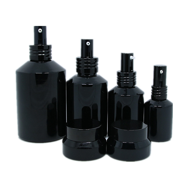 Matte Black Glass Cosmetic Pump Bottle for Lotion Serum, 30ml 60ml 100ml 120ml Skincare Empty Pump Glass Bottle