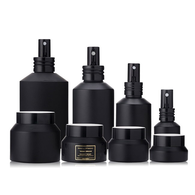 Matte Black Glass Cosmetic Pump Bottle for Lotion Serum, 30ml 60ml 100ml 120ml Skincare Empty Pump Glass Bottle