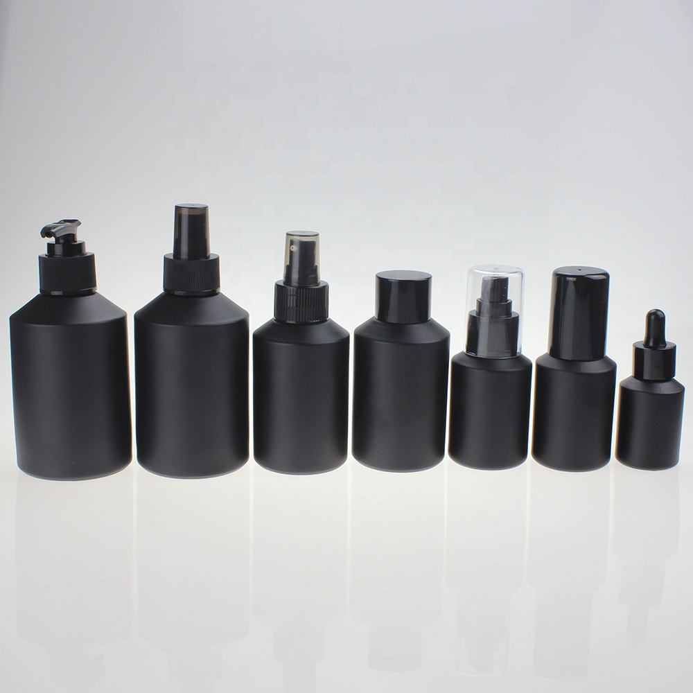 Matte Black Glass Cosmetic Pump Bottle for Lotion Serum, 30ml 60ml 120ml 200ml Skincare Empty Pump Glass Bottle