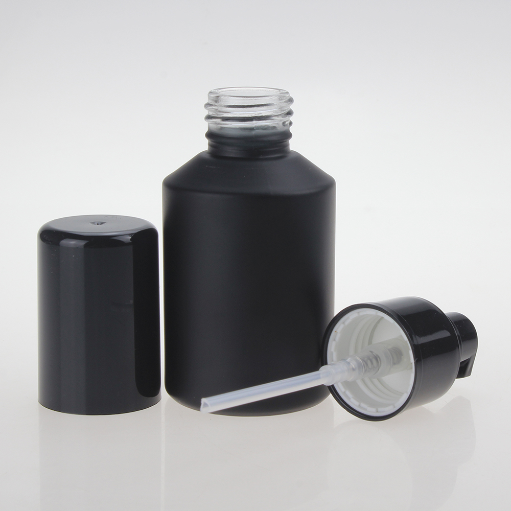 Matte Black Glass Cosmetic Pump Bottle for Lotion Serum, 30ml 60ml 120ml 200ml Skincare Empty Pump Glass Bottle