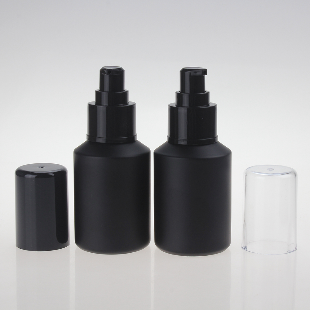 Matte Black Glass Cosmetic Pump Bottle for Lotion Serum, 30ml 60ml 120ml 200ml Skincare Empty Pump Glass Bottle