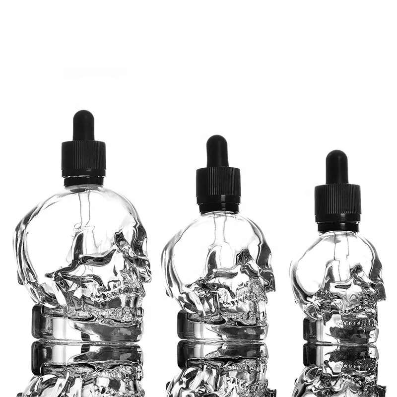Matte Black Transparent Skull Glass Bottle Beard Oil Glass Bottles With Rubber Dropper