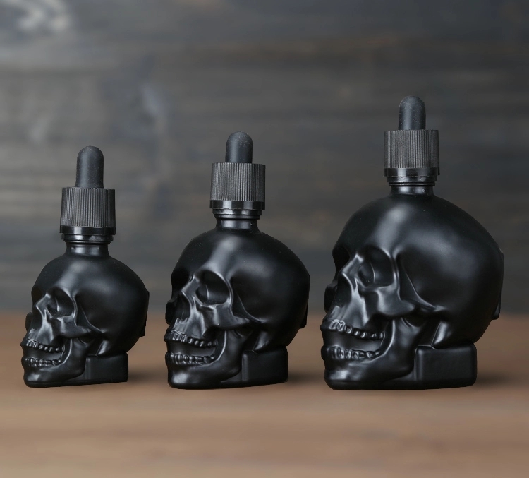 Matte Black Transparent Skull Glass Bottle Beard Oil Glass Bottles With Rubber Dropper