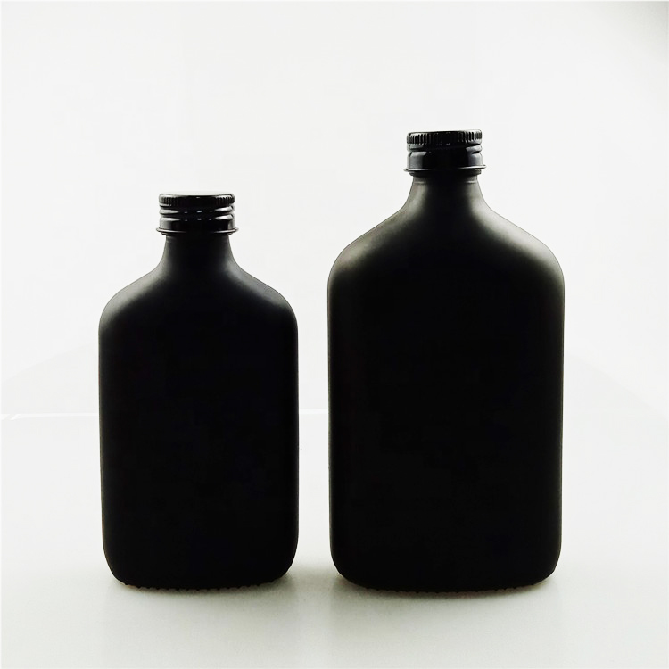 Matte black 250ml 350ml liquor vodka glass bottle screwed flat shape glass bottle