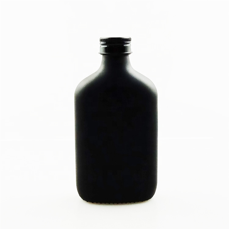 Matte black 250ml 350ml liquor vodka glass bottle screwed flat shape glass bottle
