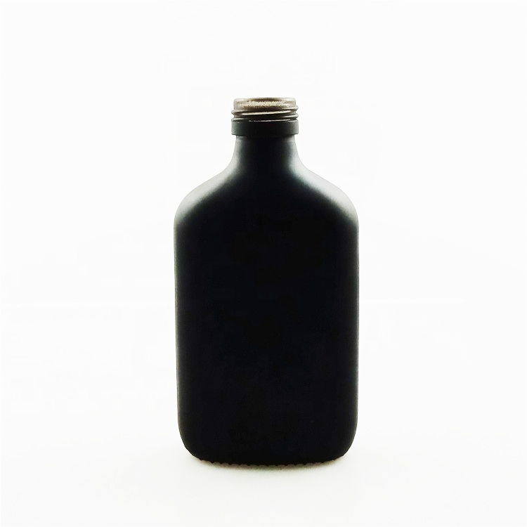 Matte black 250ml 350ml liquor vodka glass bottle screwed flat shape glass bottle