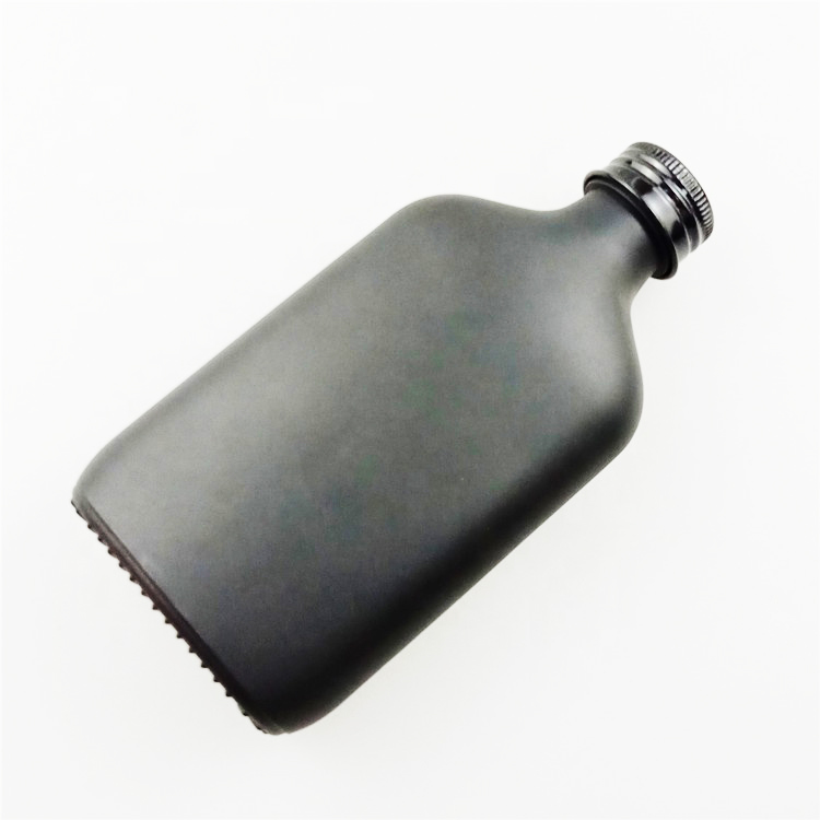 Matte black 250ml 350ml liquor vodka glass bottle screwed flat shape glass bottle