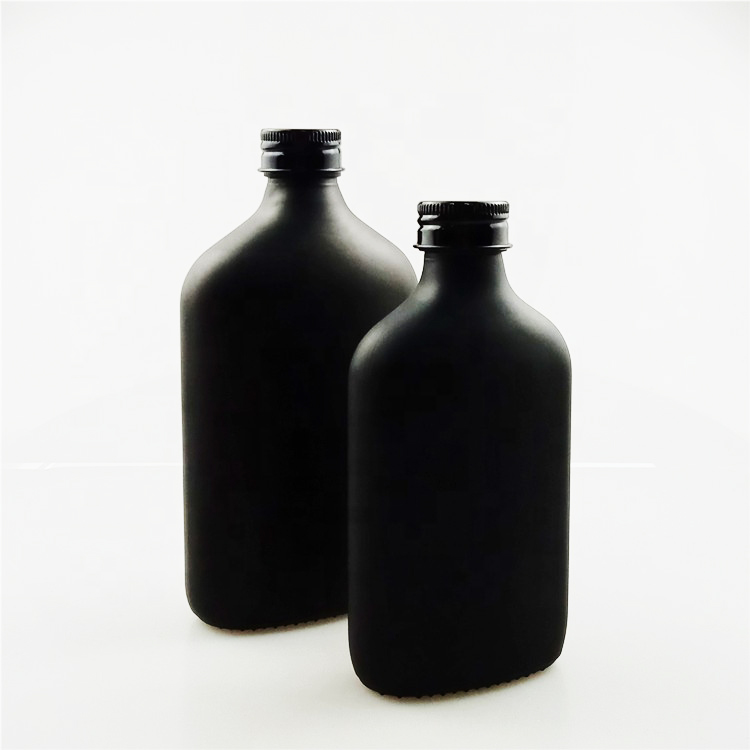 Matte black 250ml 350ml liquor vodka glass bottle screwed flat shape glass bottle