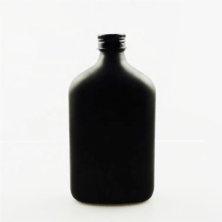 Matte black 250ml 350ml liquor vodka glass bottle screwed flat shape glass bottle