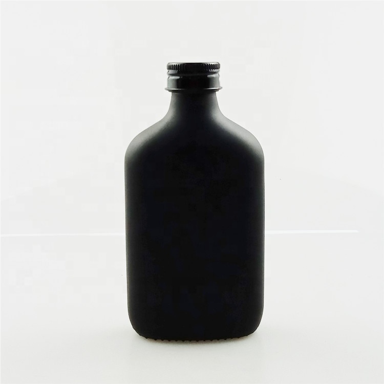 Matte black 250ml 350ml liquor vodka glass bottle screwed flat shape glass bottle