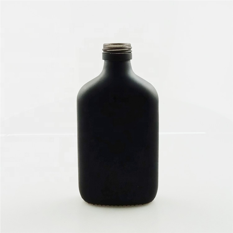 Matte black 250ml 350ml liquor vodka glass bottle screwed flat shape glass bottle