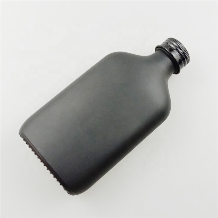 Matte black 250ml 350ml liquor vodka glass bottle screwed flat shape glass bottle