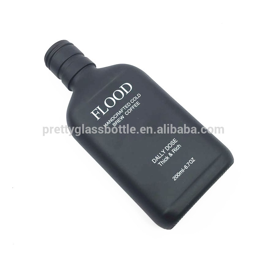Matte black silk printing logo 200ml flat coffee juice glass bottle pocket milk cold brew bottles with aluminium cap wholesale