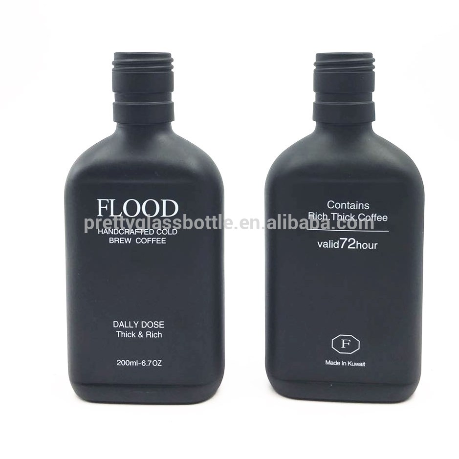 Matte black silk printing logo 200ml flat coffee juice glass bottle pocket milk cold brew bottles with aluminium cap wholesale
