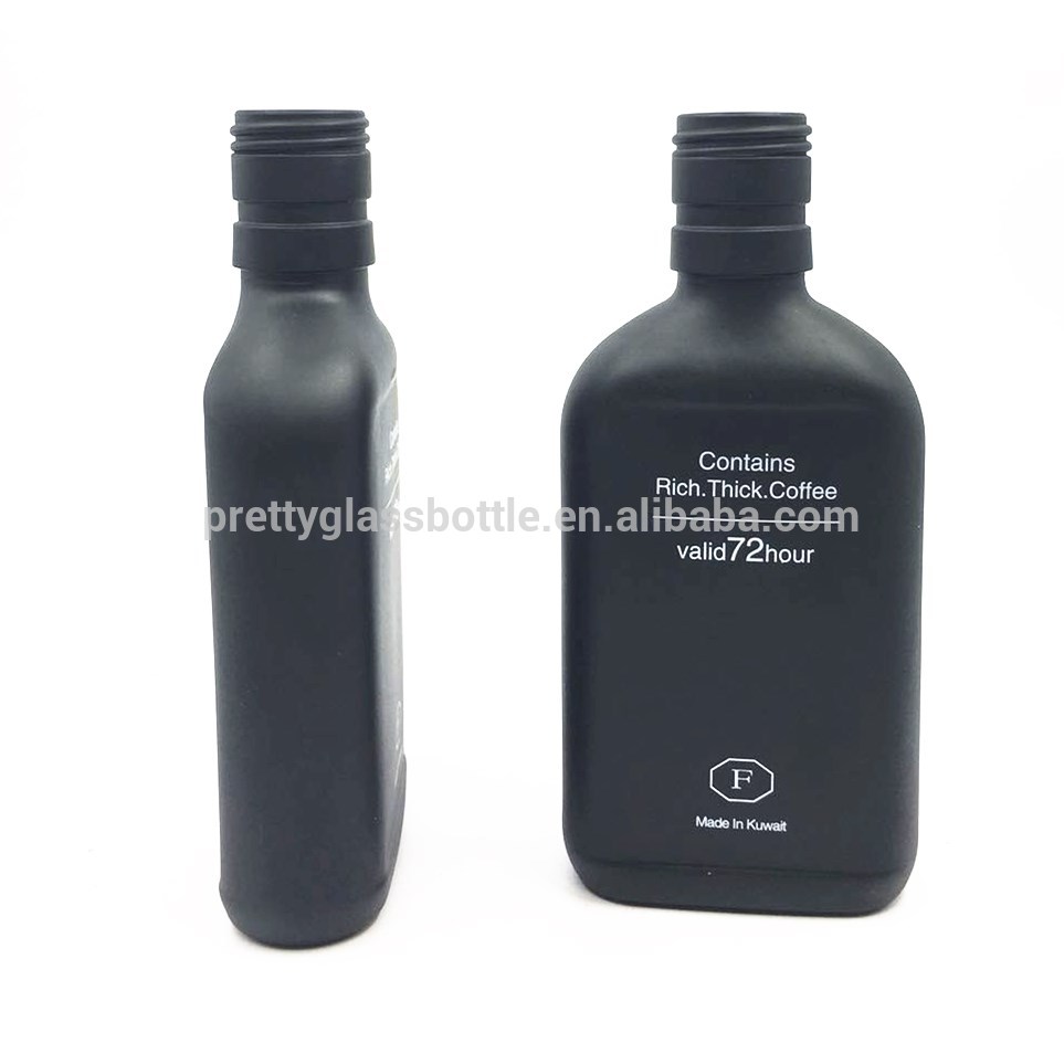 Matte black silk printing logo 200ml flat coffee juice glass bottle pocket milk cold brew bottles with aluminium cap wholesale