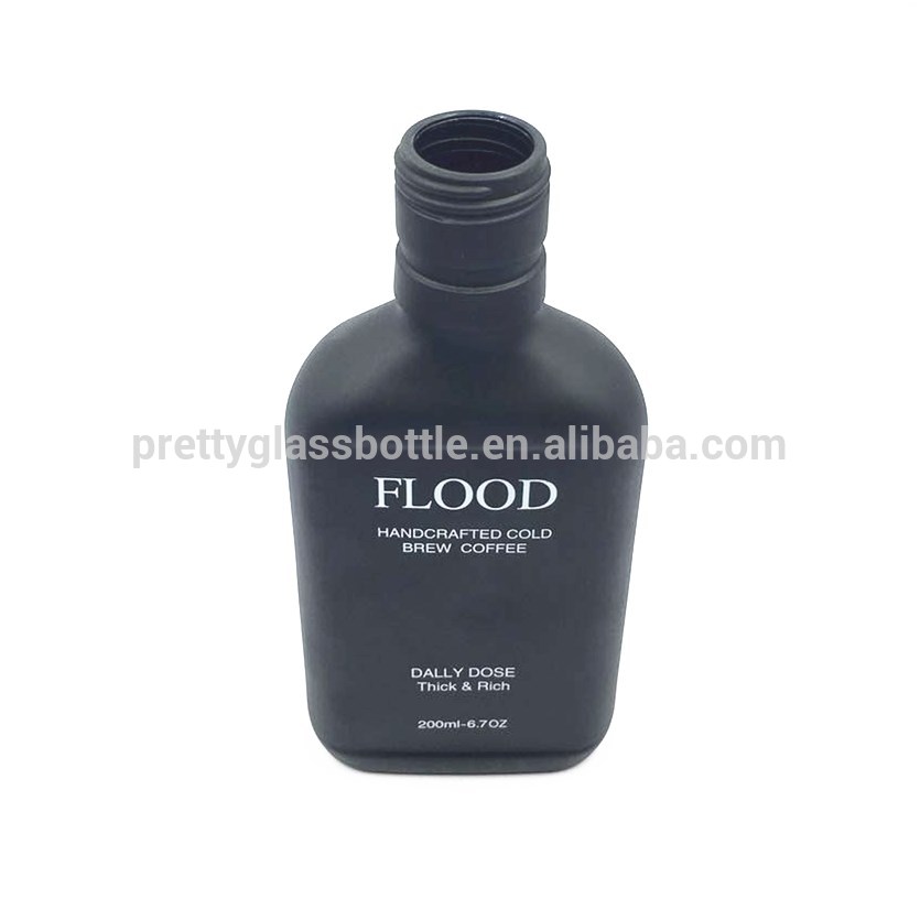 Matte black silk printing logo 200ml flat coffee juice glass bottle pocket milk cold brew bottles with aluminium cap wholesale