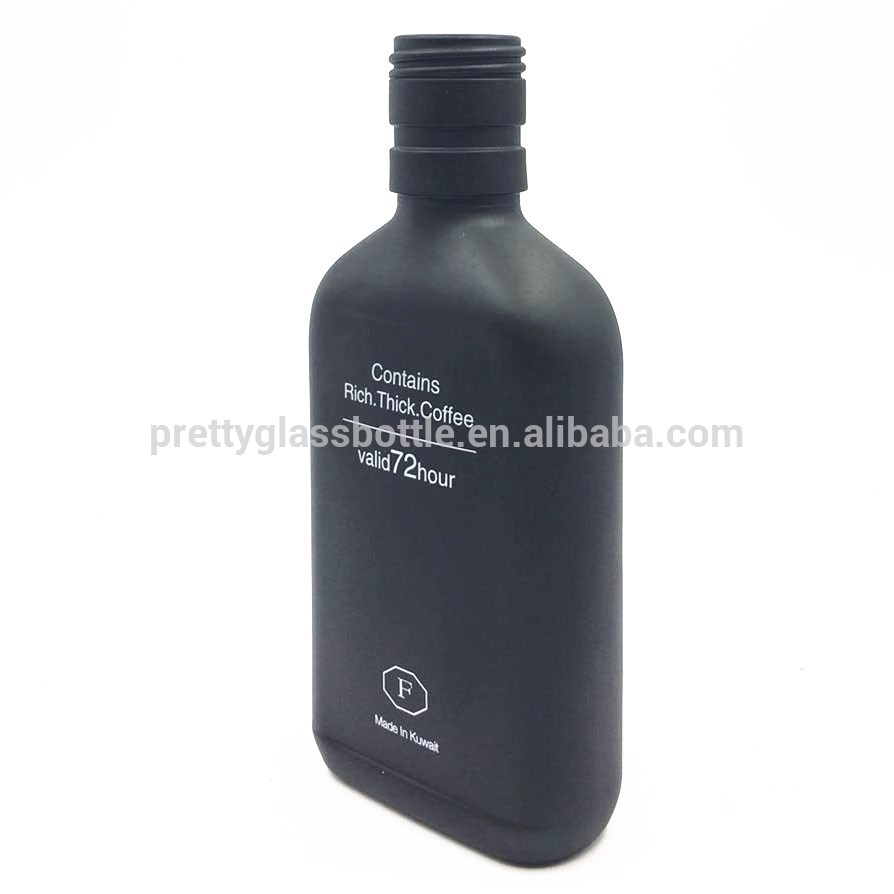 Matte black silk printing logo 200ml flat coffee juice glass bottle pocket milk cold brew bottles with aluminium cap wholesale