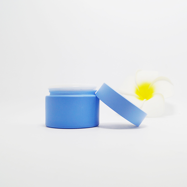 Matte blue Cosmetic Packaging  50ml 50g 2oz Round Shape Opal White Glass Lotion Cream Jar with customized blue Lid