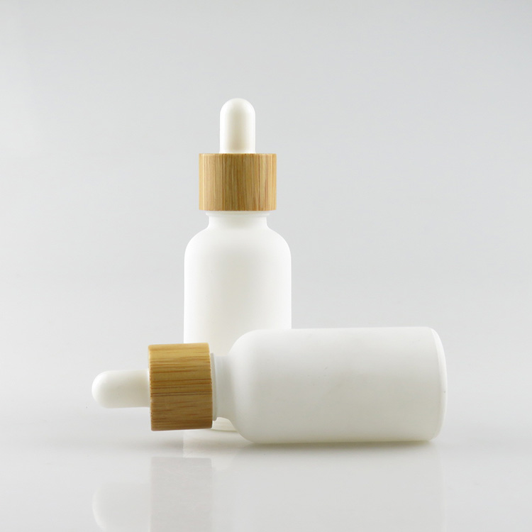 Matte frosted white 30ml glass dropper bottle with bamboo wood lids cap