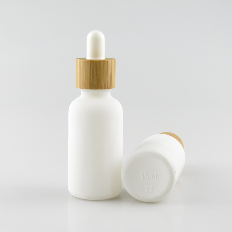 Matte frosted white 30ml glass dropper bottle with bamboo wood lids cap