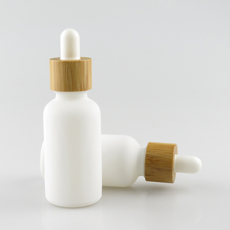 Matte frosted white 30ml glass dropper bottle with bamboo wood lids cap