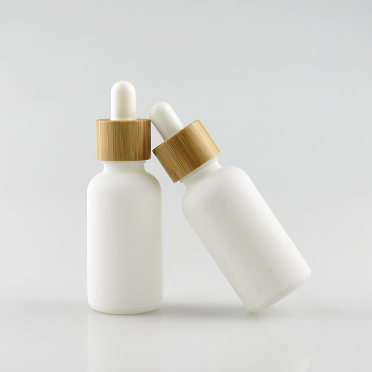 Matte frosted white 30ml glass dropper bottle with bamboo wood lids cap