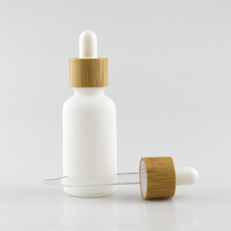 Matte frosted white 30ml glass dropper bottle with bamboo wood lids cap