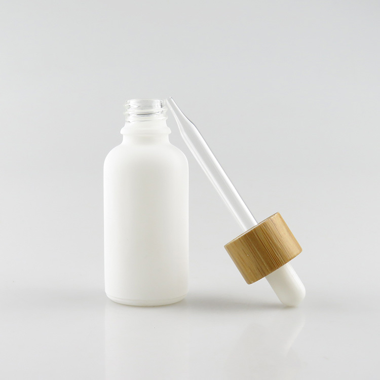 Matte frosted white 30ml glass dropper bottle with bamboo wood lids cap