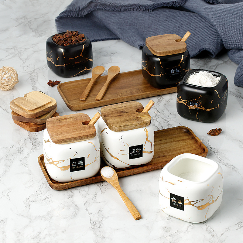 Matte-marbled ceramic seasoning jar, oil and salt domestic seasoning box, kitchen seasoning jar