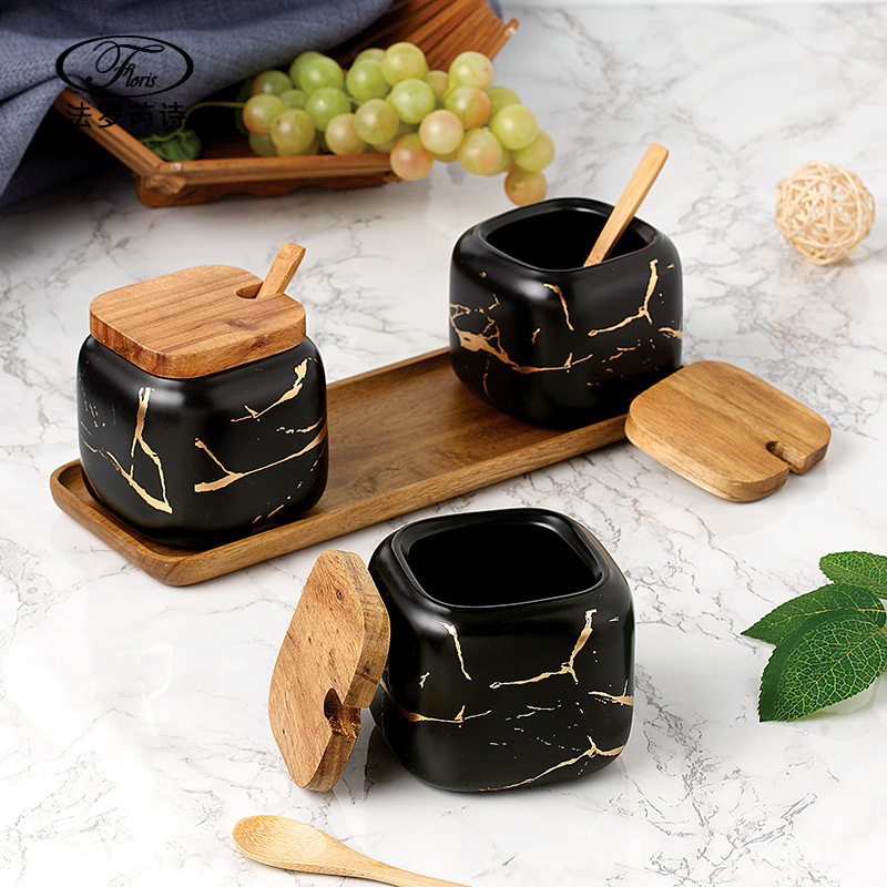 Matte-marbled ceramic seasoning jar, oil and salt domestic seasoning box, kitchen seasoning jar