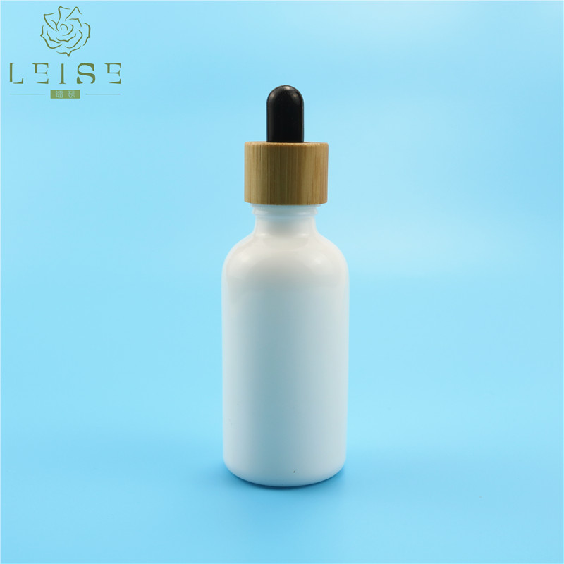 Matte silver dropper and white rubber 3oz 100ml porcelain glass dropper bottles with bamboo cap and black suction rubber top