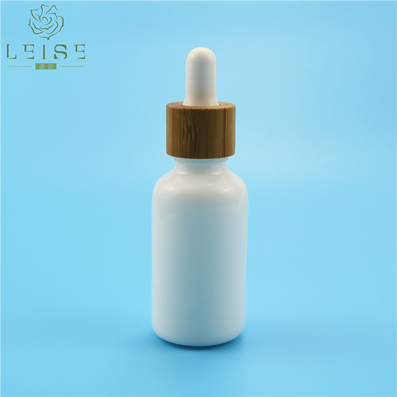 Matte silver dropper and white rubber 3oz 100ml porcelain glass dropper bottles with bamboo cap and black suction rubber top