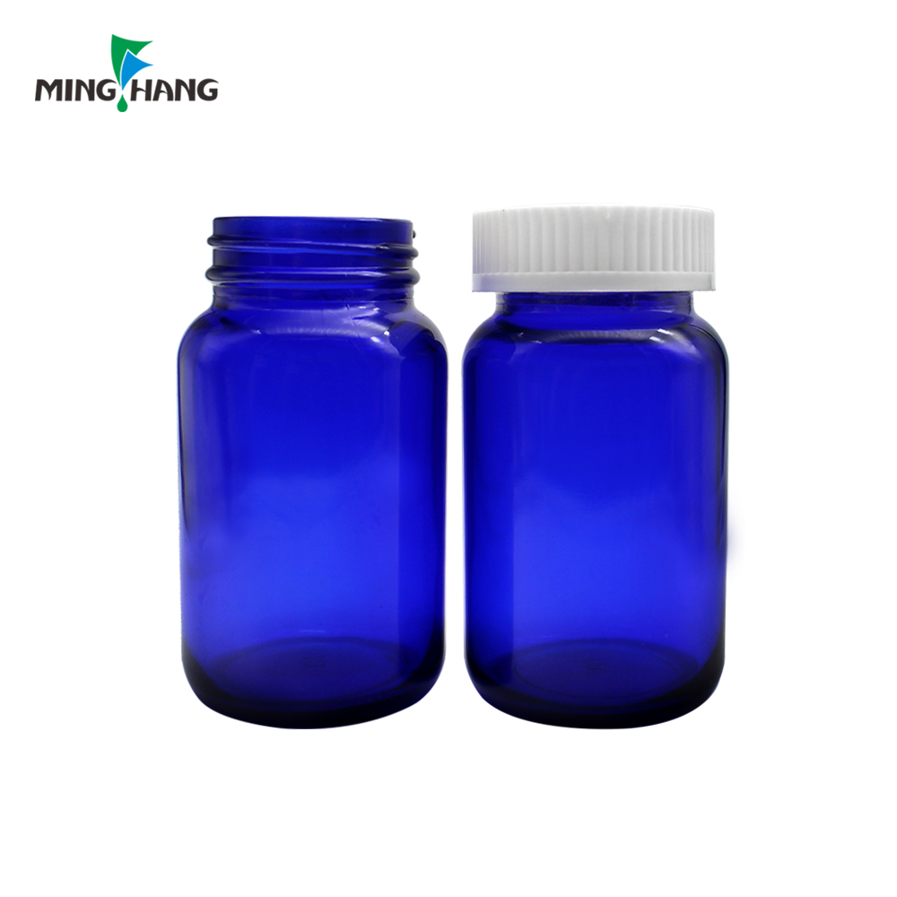 Medicine Bottle Empty Pharmaceutical Bottle Blue Wide Mouth Glass with Child Proof Cap Screen Printing Screw Cap Pill
