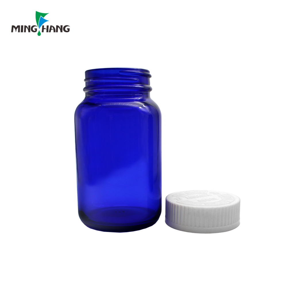 Medicine Bottle Empty Pharmaceutical Bottle Blue Wide Mouth Glass with Child Proof Cap Screen Printing Screw Cap Pill