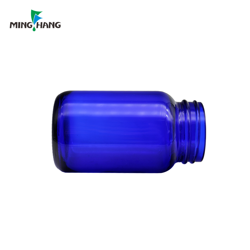 Medicine Bottle Empty Pharmaceutical Bottle Blue Wide Mouth Glass with Child Proof Cap Screen Printing Screw Cap Pill