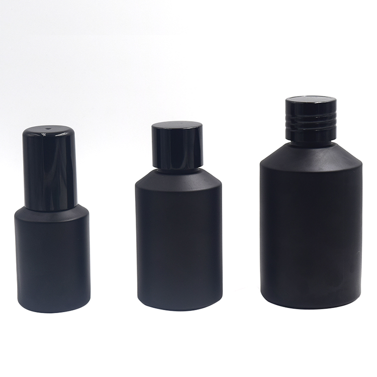 Men's personal care set matte elegant black glass cream jars and cosmetic bottles 15g 30g 50g 15ml 30ml 60ml 125ml 200ml