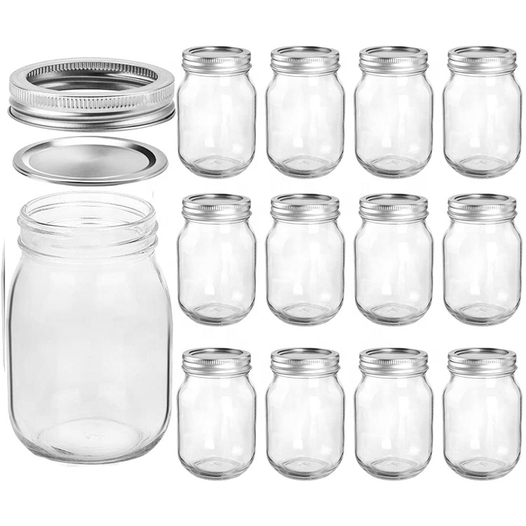 Metal Cap Wide Mouth Small 500Ml 16 Oz 1.1 Pint 0.53 Quart Round Quilted Spice In Bulk Mini Clear Glass Mason Jar With Lids