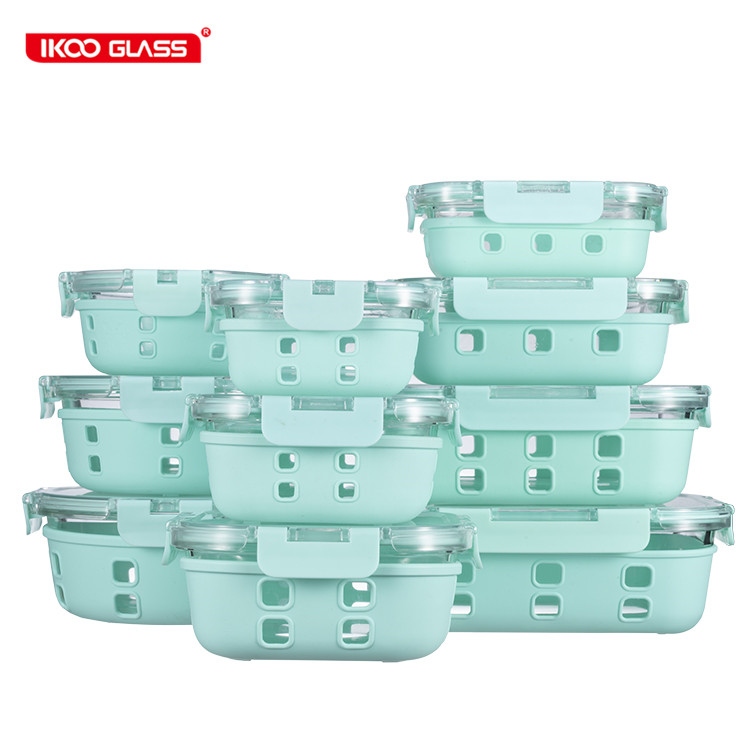 Microwave and oven safe meal prep food glass containers with silicon sleeve