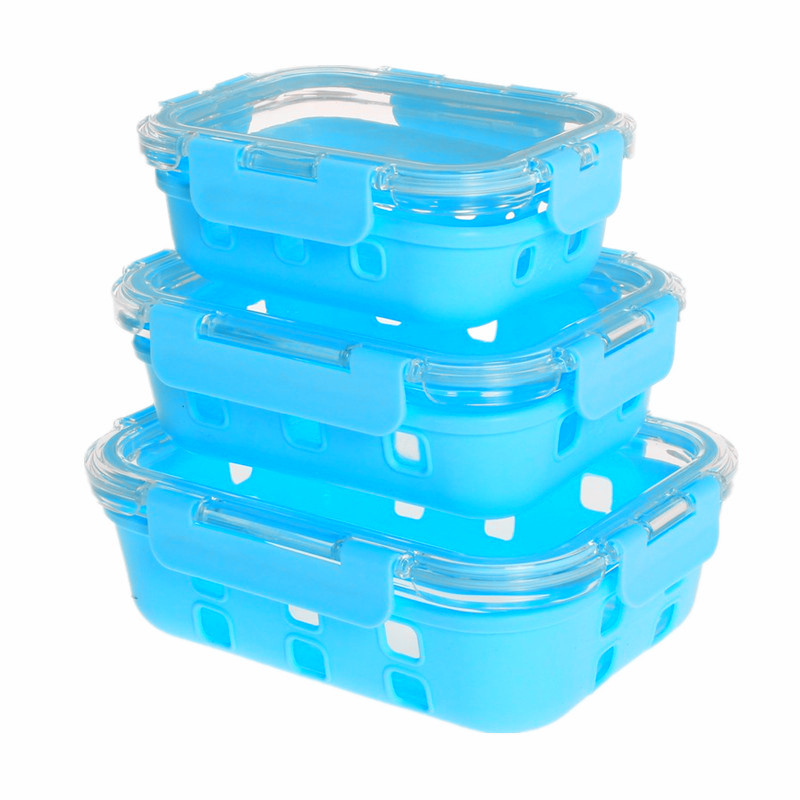 Microwave and oven safe meal prep food glass containers with silicon sleeve