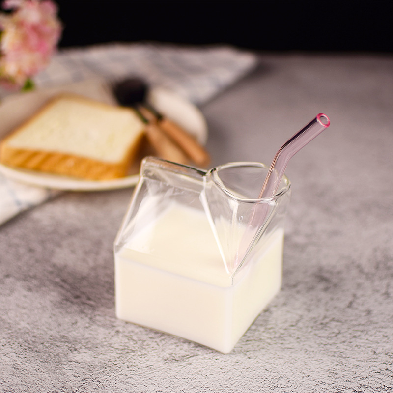 Milk Tea Coffee Bottle Milk Container Glass Jar Custom Square Shape Glass 350ml Borosilicate Glass
