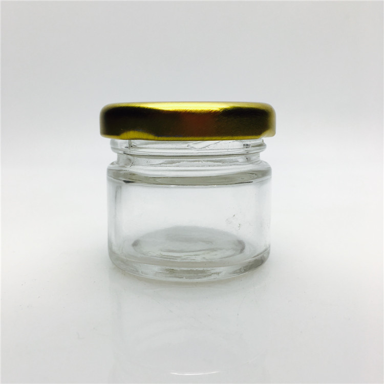 Mini 1 oz honey jar glass,glass jar 30 gram for honey with golden lid for sale