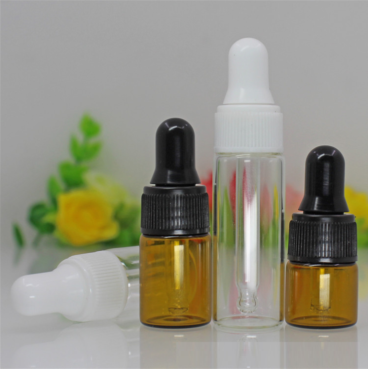 Mini 1ml 2ml 3ml 5ml amber clear Glass Essential oil Bottles with plastic lid droper