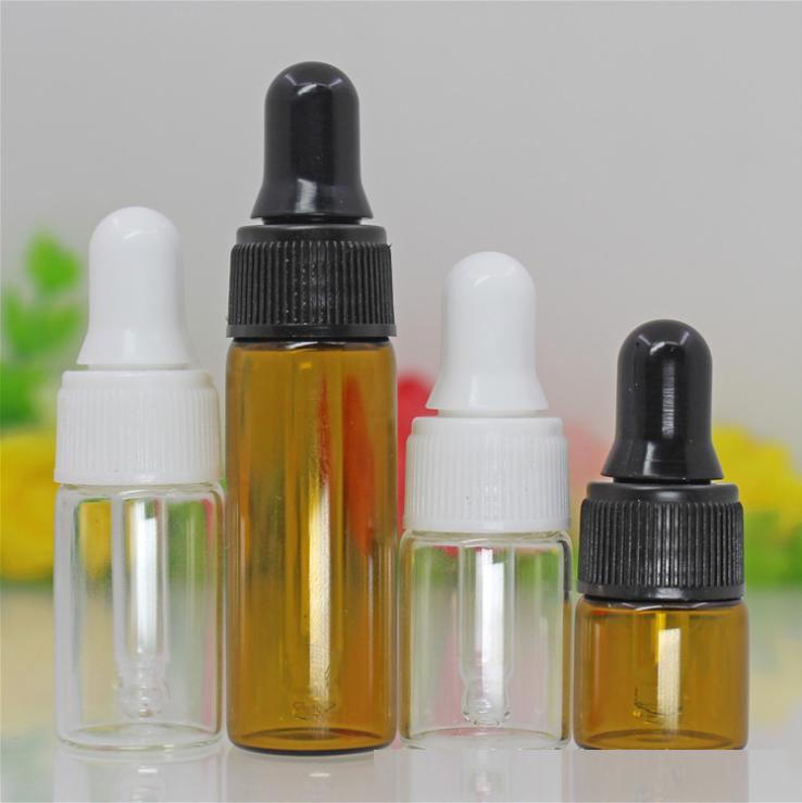 Mini 1ml 2ml 3ml 5ml amber clear Glass Essential oil Bottles with plastic lid droper