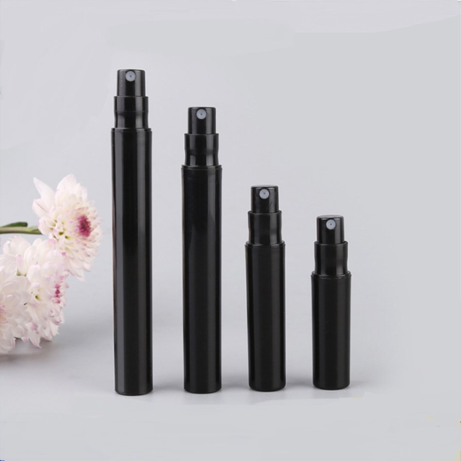 Mini 2ml 3ml 4ml 5ml Black Empty Portable Test Tube Sample Spray Bottles Crimp Plastic Perfume Pen Container with Mist Atomizers