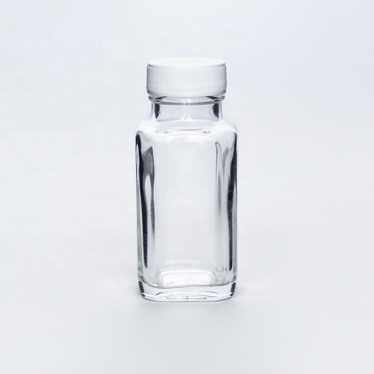 Mini 2oz 60ml Clear Glass Shots Square Spice Bottle with Plastic Screw Cap for Juice Beverage