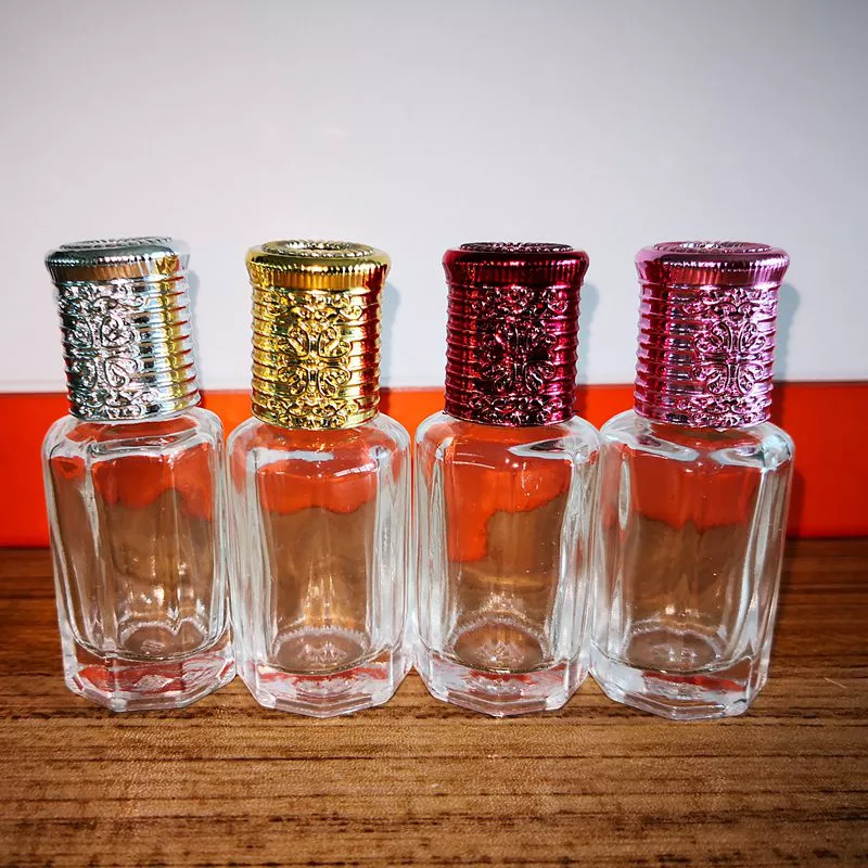 Mini 3ml 6ml 10ml 12ml Fancy Alloy Cap Octangle Glass Attar Bottles with Glass Stick/Metal Roller Ball for Essential Oils